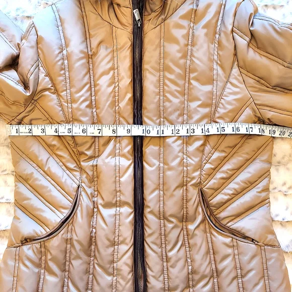 Women's Michael Kors down blend fur trimmed gold hooded puffer jacket SZ… - Picture 12 of 13